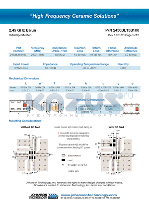 2450BL15B100E datasheet - High Frequency Ceramic Solutions