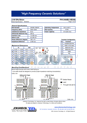 2450BL15B200 datasheet - 2.45 GHz Balun