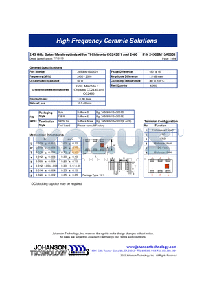 2450BM15A0001E datasheet - 2.45 GHz Balun/Match optimized for TI Chipsets CC2430/1 and 2480