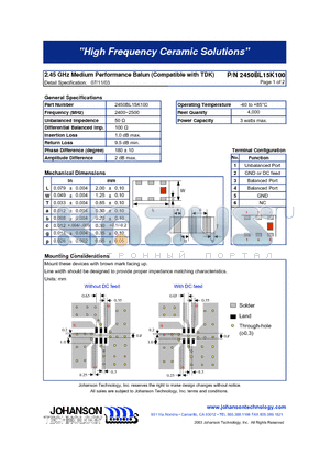 2450BL15K100 datasheet - 2.45 GHz Medium Performance Balun (Compatible with TDK)
