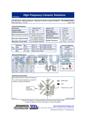 2450BM14A0002 datasheet - 2.45 GHz Balun / Matching Network : Optimized for Nordic Chipset nRF24L01/