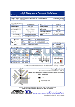 2450BM15B0002 datasheet - 2.45 GHz Balun / Matching Network : Optimized for TI Chipset CC2520