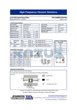 2450BP15F0100 datasheet - 2.45 GHz Band Pass Filter