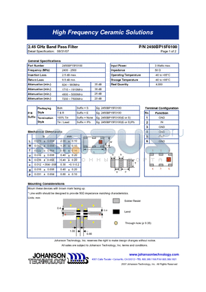 2450BP15F0100E datasheet - 2.45 GHz Band Pass Filter