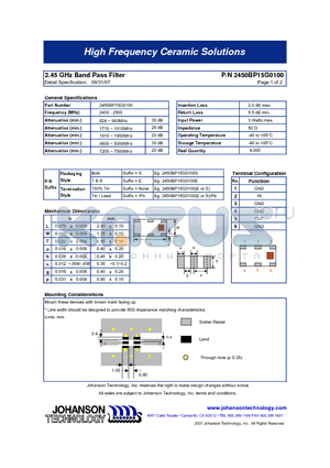 2450BP15G0100E datasheet - 2.45 GHz Band Pass Filter