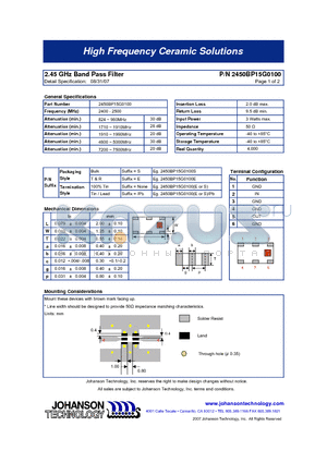 2450BP15G0100S datasheet - 2.45 GHz Band Pass Filter