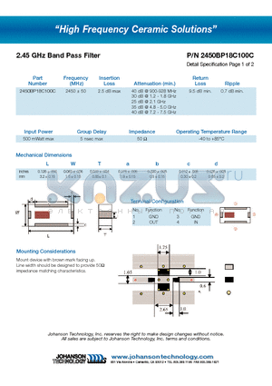 2450BP18C100C datasheet - 2.45 GHz Band Pass Filter