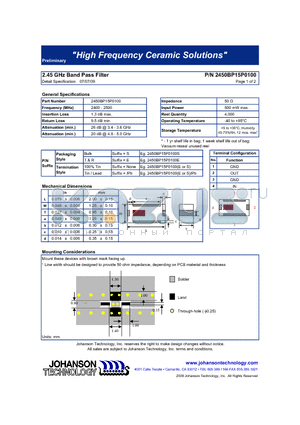 2450BP15P0100S datasheet - 2.45 GHz Band Pass Filter