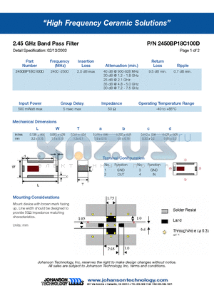 2450BP18C100D datasheet - 2.45 GHz Band Pass Filter