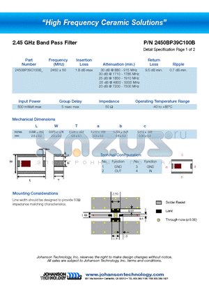 2450BP39C100B datasheet - 2.45 GHz Band Pass Filter