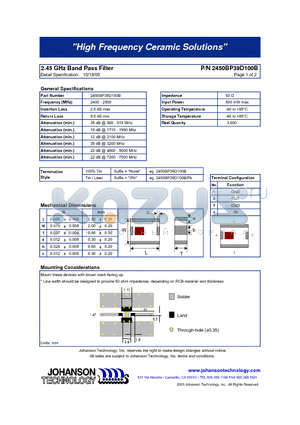 2450BP39D100B datasheet - 2.45 GHz Band Pass Filter