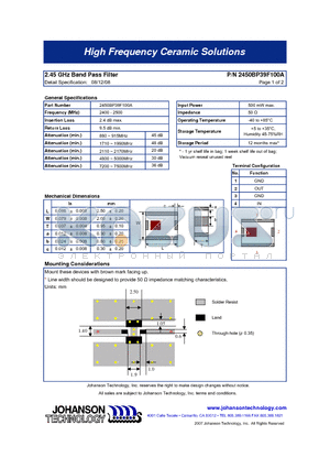 2450BP39F100A datasheet - 2.45 GHz Band Pass Filter