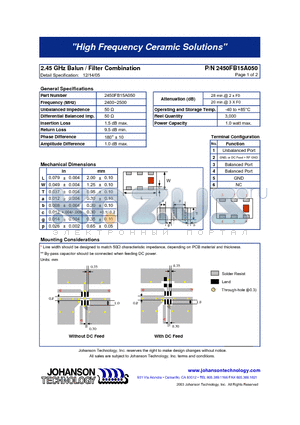 2450FB15A050 datasheet - 2.45 GHz Balun / Filter Combination