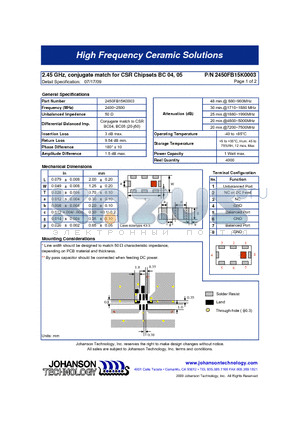2450FB15K0003 datasheet - 2.45 GHz, conjugate match for CSR Chipsets BC 04, 05
