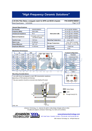 2450FB15M0001 datasheet - 2.45 GHz Filter Balun, conjugate match for MTK and BC05 chipsets