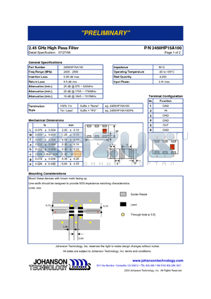 2450HP15A100 datasheet - 2.45 GHz High Pass Filter