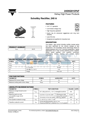 245NQ015PBF datasheet - Schottky Rectifier, 240