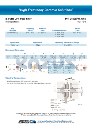 2450LP15A050 datasheet - 2.4 GHz Low Pass Filter