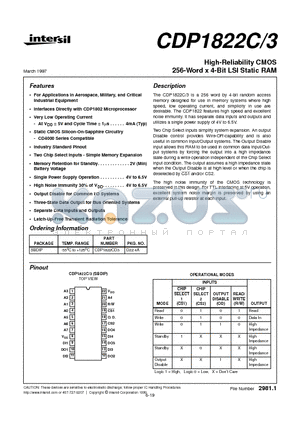 CDP1822C3 datasheet - High-Reliability CMOS 256-Word x 4-Bit LSI Static RAM