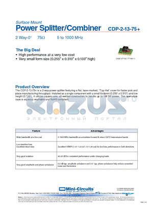 CDP-2-13-75+ datasheet - Power Splitter/Combiner