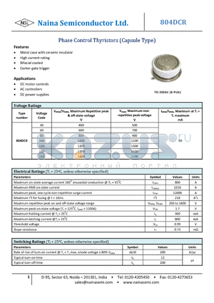 804DCR datasheet - Phase Control Thyristors (Capsule Type)