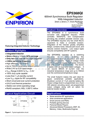 EP5368QI datasheet - 600mA Synchronous Buck Regulator With Integrated Inductor