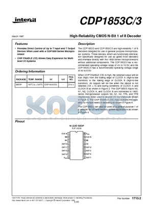CDP1853CD3 datasheet - High-Reliability CMOS N-Bit 1 of 8 Decoder