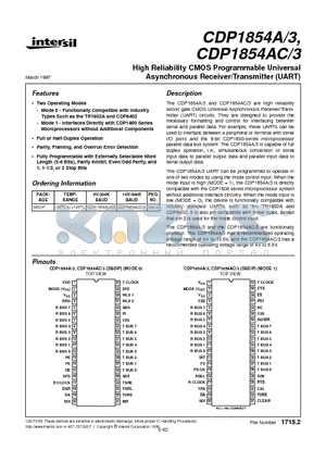 CDP1854 datasheet - High Reliability CMOS Programmable Universal Asynchronous Receiver/Transmitter (UART)