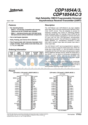 CDP1854AC3 datasheet - High Reliability CMOS Programmable Universal Asynchronous Receiver/Transmitter (UART)