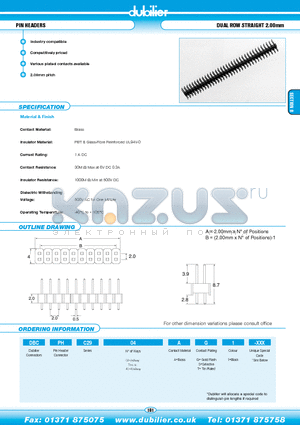 DBCPHC2903AS1-XXX datasheet - PIN HEADERS DUAL ROW STRAIGHT 2.00mm