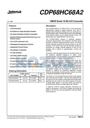 CDP68HC68A2M datasheet - CMOS Serial 10-Bit A/D Converter