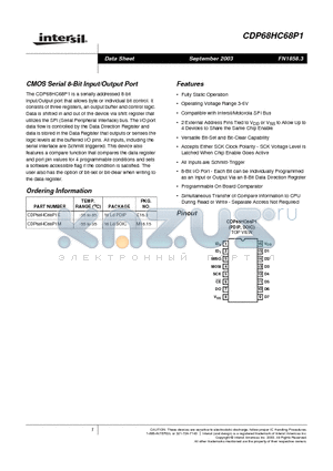 CDP68HC68P1 datasheet - CMOS Serial 8-Bit Input/Output Port