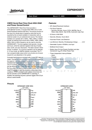 CDP68HC68T1E datasheet - CMOS Serial Real-Time Clock With RAM and Power Sense/Control