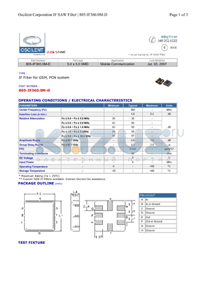 805-IF360.0M-D datasheet - IF Filter for GSM, PCN system