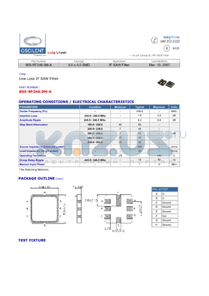 805-RF246.0M-A datasheet - Low Loss IF SAW Filter