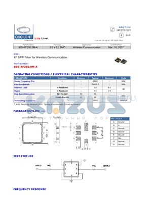 805-RF250.0M-A datasheet - RF SAW Filter for Wireless Communication