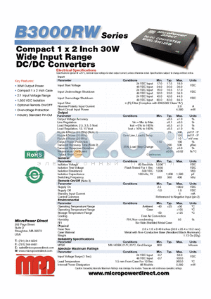 B3000RW datasheet - Compact 1 x 2 Inch 30W Wide Input Range DC/DC Converters