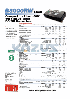 B3001RW datasheet - Compact 1 x 2 Inch 30W Wide Input Range DC/DC Converters