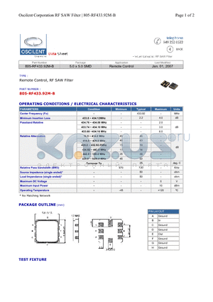 805-RF433.92M-B datasheet - Remote Control, RF SAW Filter