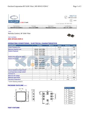 805-RF433.92M-C datasheet - Remote Control, RF SAW Filter