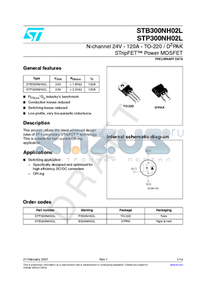 B300NH02L datasheet - N-channel 24V - 120A - TO-220 / D2PAK STripFET TM Power MOSFET