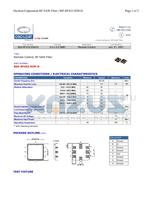 805-RF433.92M-D datasheet - Remote Control, RF SAW Filter