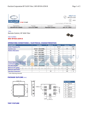 805-RF434.42M-B datasheet - Remote Control, RF SAW Filter