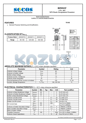 8050SST datasheet - NPN Plastic Encapsulated Transistor