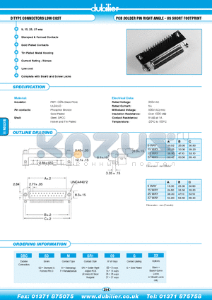 DBCSDFSR109GA datasheet - D TYPE CONNECTORS LOW COST PCB SOLDER PIN RIGHT ANGLE - US SHORT FOOTPRINT