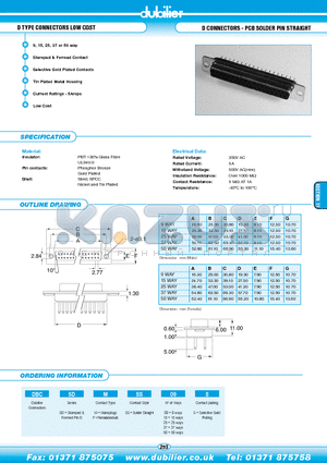 DBCSDFSS09S datasheet - D TYPE CONNECTORS LOW COST D CONNECTORS - PCB SOLDER PIN STRAIGHT