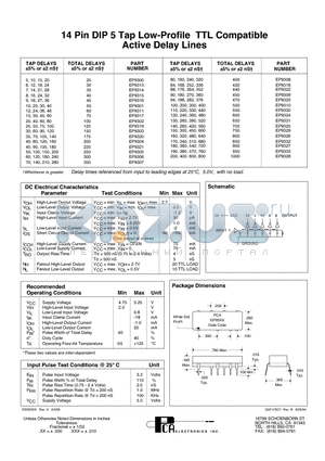 EP9303 datasheet - 14 Pin DIP 5 Tap Low-Profile TTL Compatible Active Delay Lines