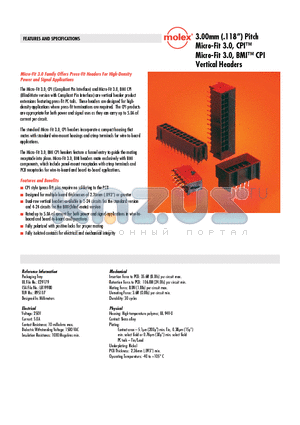 44914-0201 datasheet - 3.00mm (.118) Pitch Micro-Fit 3.0, CPI Micro-Fit 3.0, BMI CPI Vertical Headers