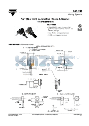 248 datasheet - 1/2 (12.7 mm) Conductive Plastic & Cermet Potentiometers