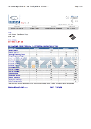 809-SL140.0M-18 datasheet - 140.0 MHz Bandpass Filter Low Loss